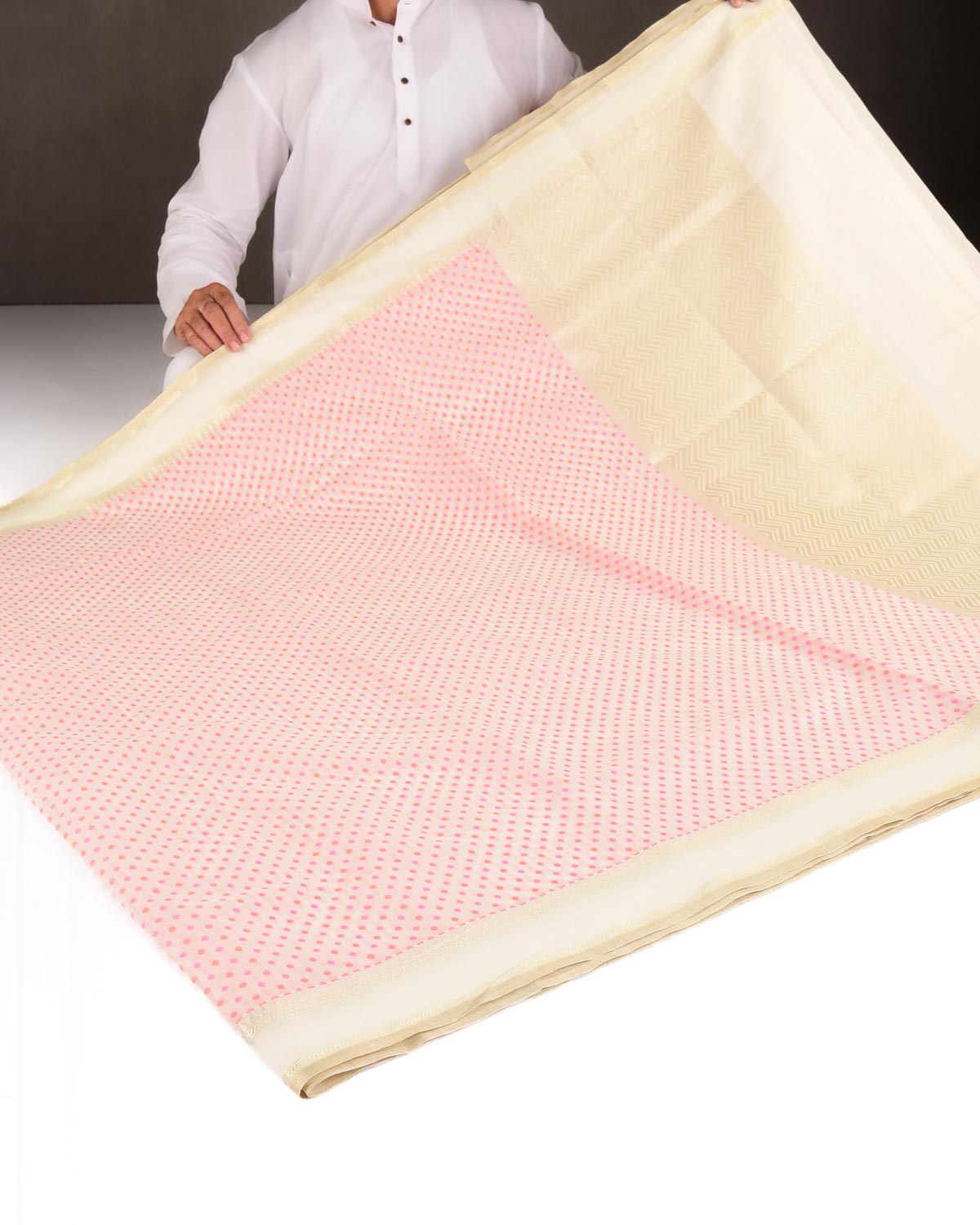 Red-Pink on Cream Mini Polka Dots Cutwork Brocade Woven Art Cotton Silk Banarasi Saree