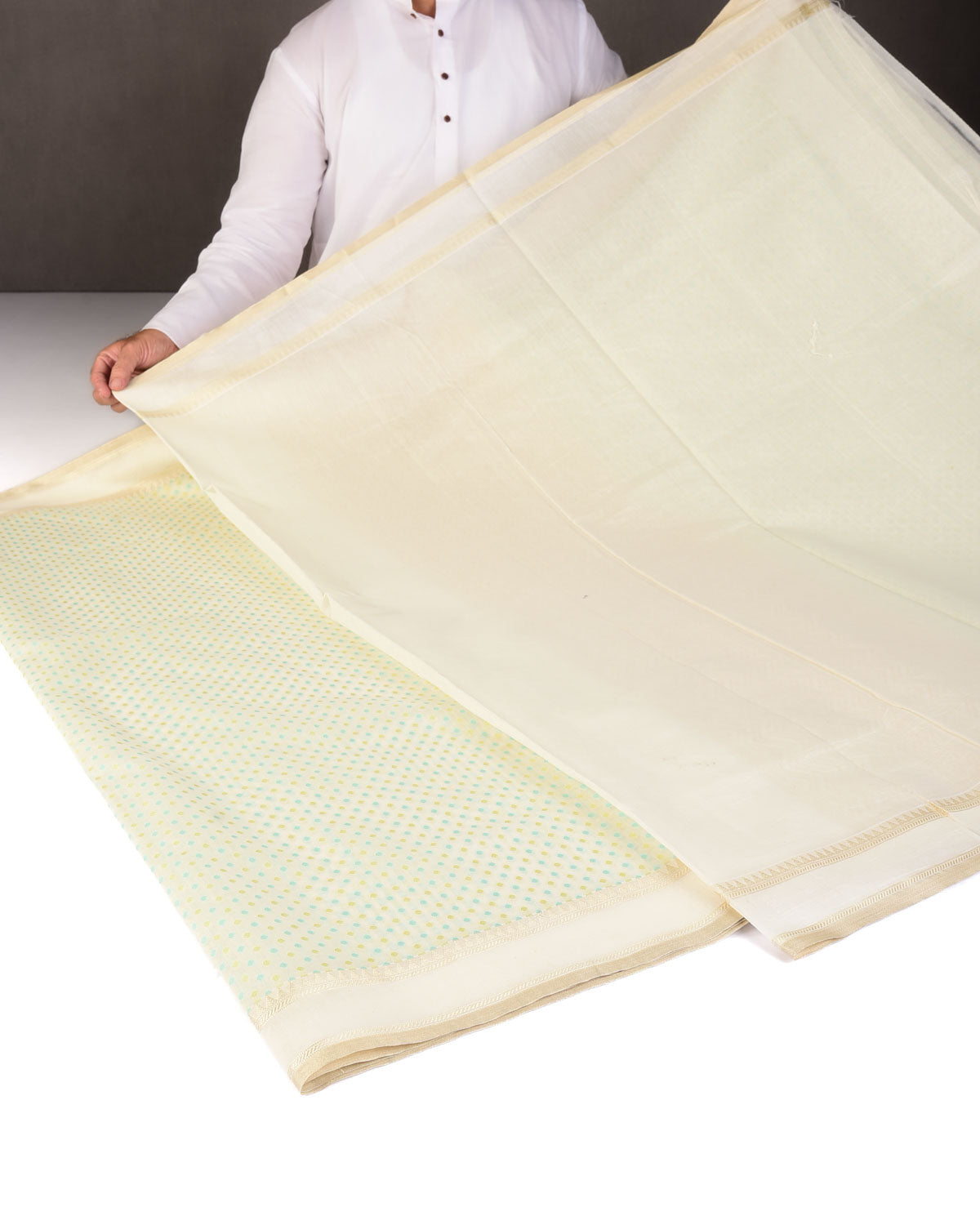 Blue-Green on Cream Mini Polka Dots Cutwork Brocade Woven Art Cotton Silk Banarasi Saree