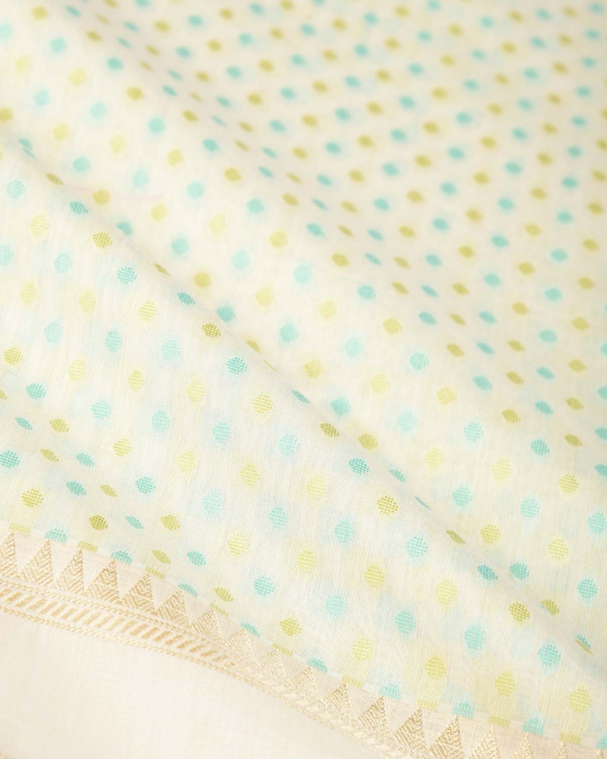 Blue-Green on Cream Mini Polka Dots Cutwork Brocade Woven Art Cotton Silk Banarasi Saree