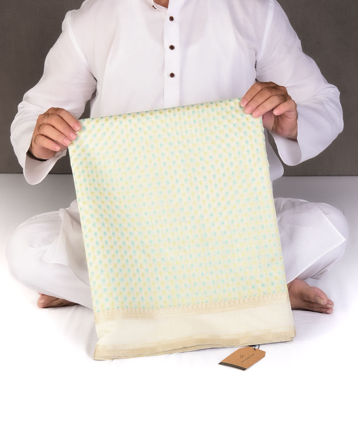 Blue-Green on Cream Mini Polka Dots Cutwork Brocade Woven Art Cotton Silk Banarasi Saree