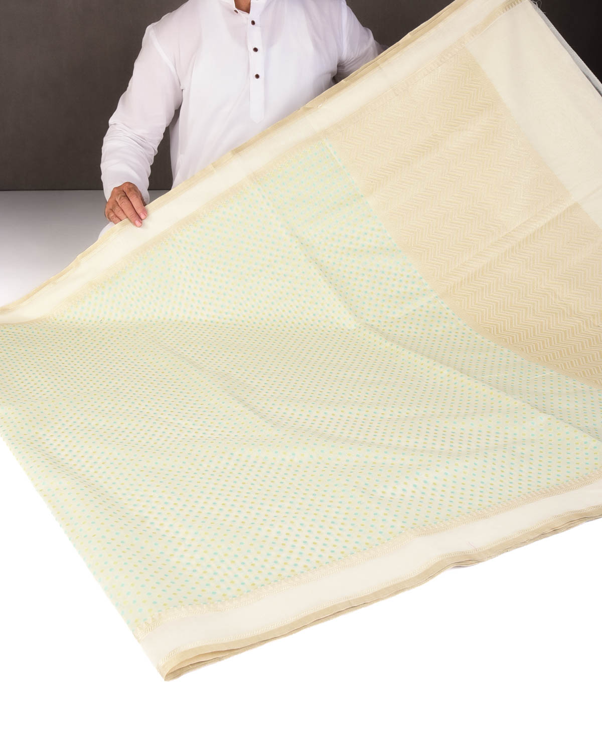 Blue-Green on Cream Mini Polka Dots Cutwork Brocade Woven Art Cotton Silk Banarasi Saree