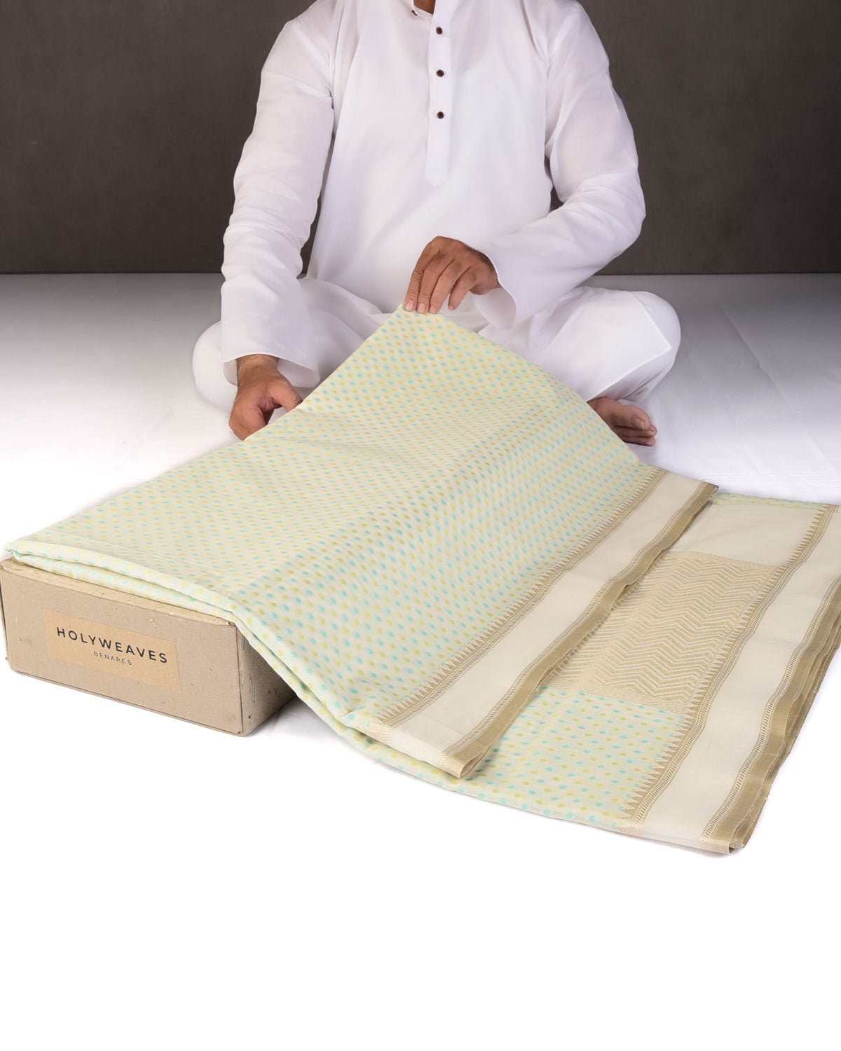 Blue-Green on Cream Mini Polka Dots Cutwork Brocade Woven Art Cotton Silk Banarasi Saree