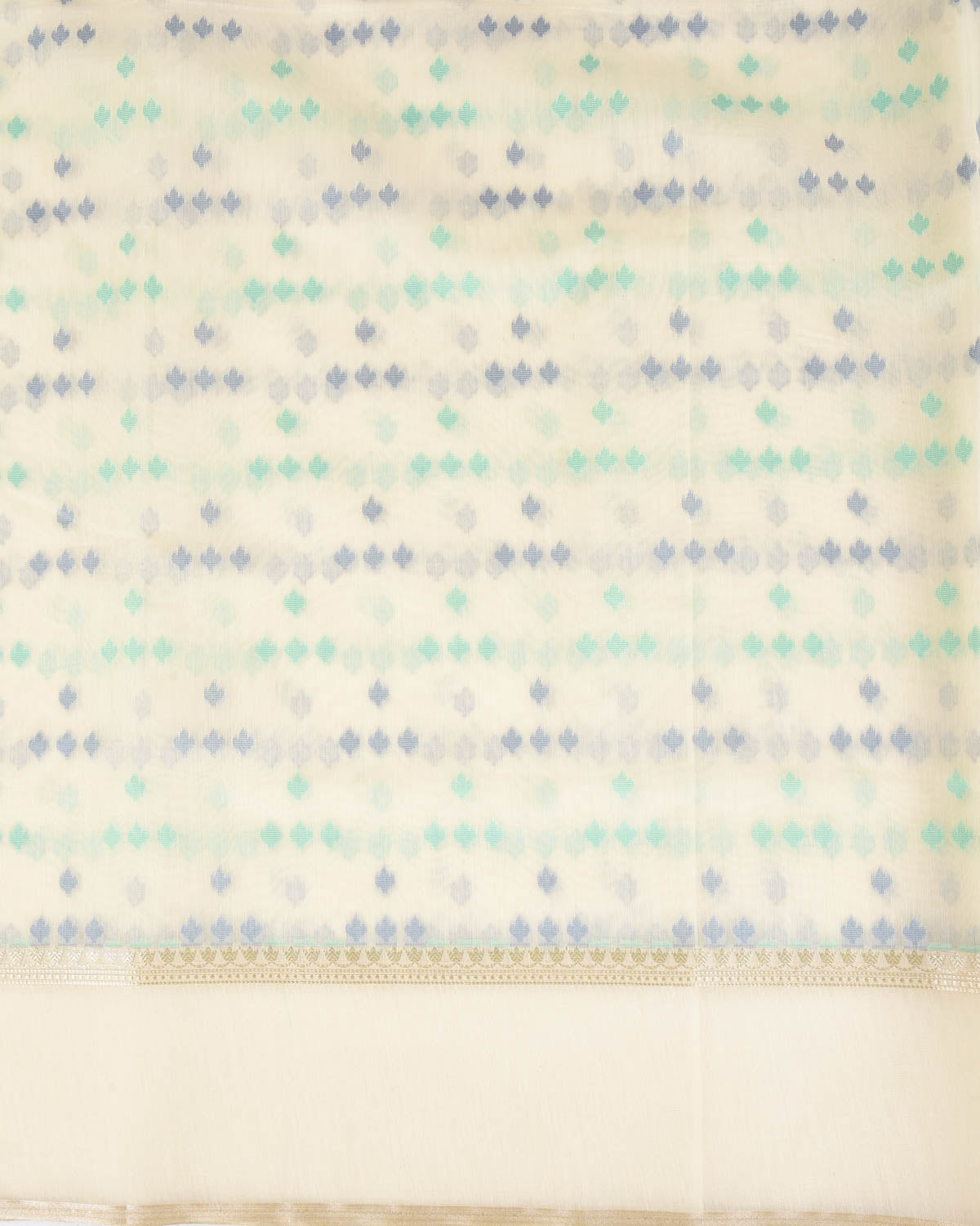 Blue-Green on Cream Resham Leaf Scatter Buti Cutwork Brocade Woven Art Cotton Silk Banarasi Saree