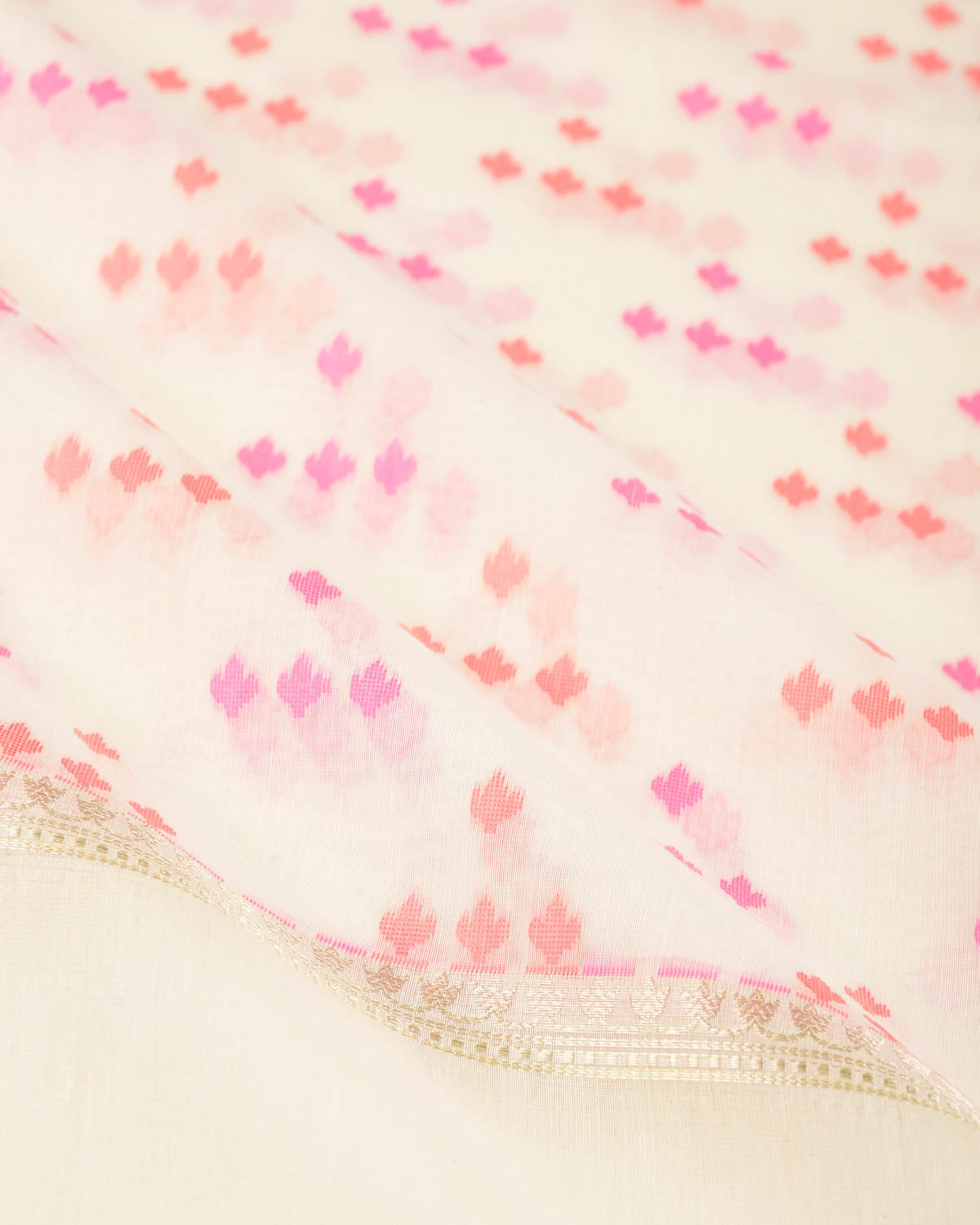 Red-Pink on Cream Resham Leaf Scatter Buti Cutwork Brocade Woven Art Cotton Silk Banarasi Saree