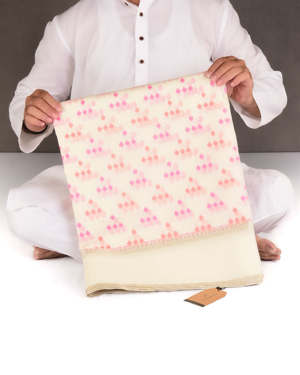 Red-Pink on Cream Resham Leaf Scatter Buti Cutwork Brocade Woven Art Cotton Silk Banarasi Saree