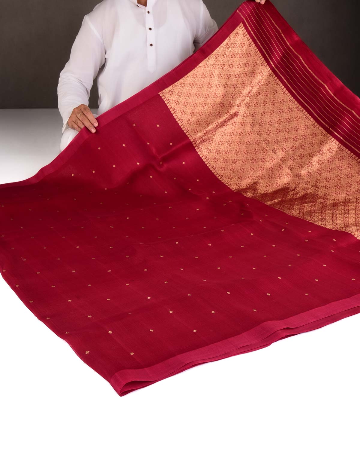 Maroon Gold Zari Buti Kadhuan Brocade Handwoven Kora Silk Banarasi Saree