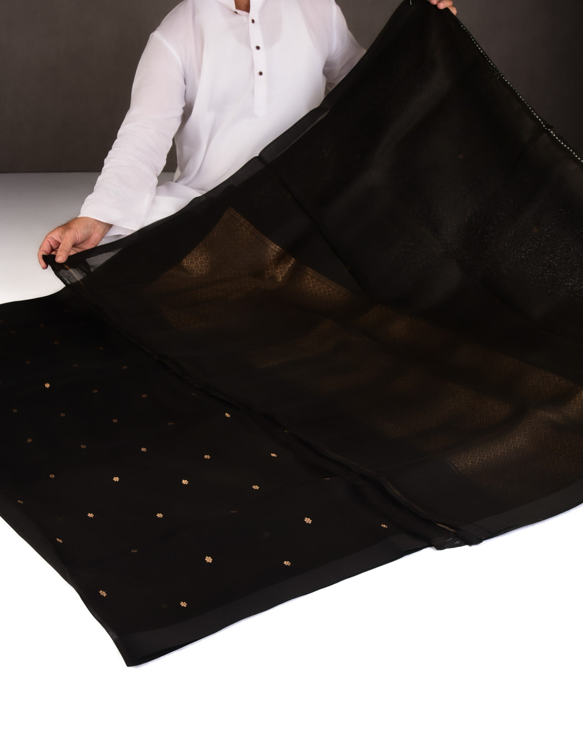Black Gold Zari Buti Kadhuan Brocade Handwoven Kora Silk Banarasi Saree