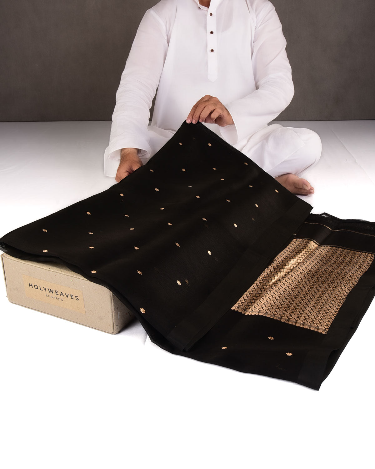Black Gold Zari Buti Kadhuan Brocade Handwoven Kora Silk Banarasi Saree