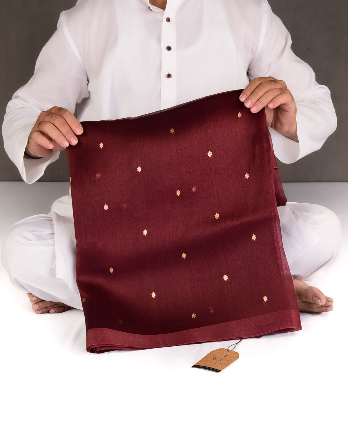 Mahogany Gold Zari Buti Kadhuan Brocade Handwoven Kora Silk Banarasi Saree