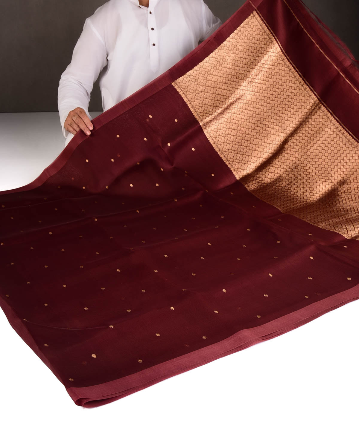 Mahogany Gold Zari Buti Kadhuan Brocade Handwoven Kora Silk Banarasi Saree