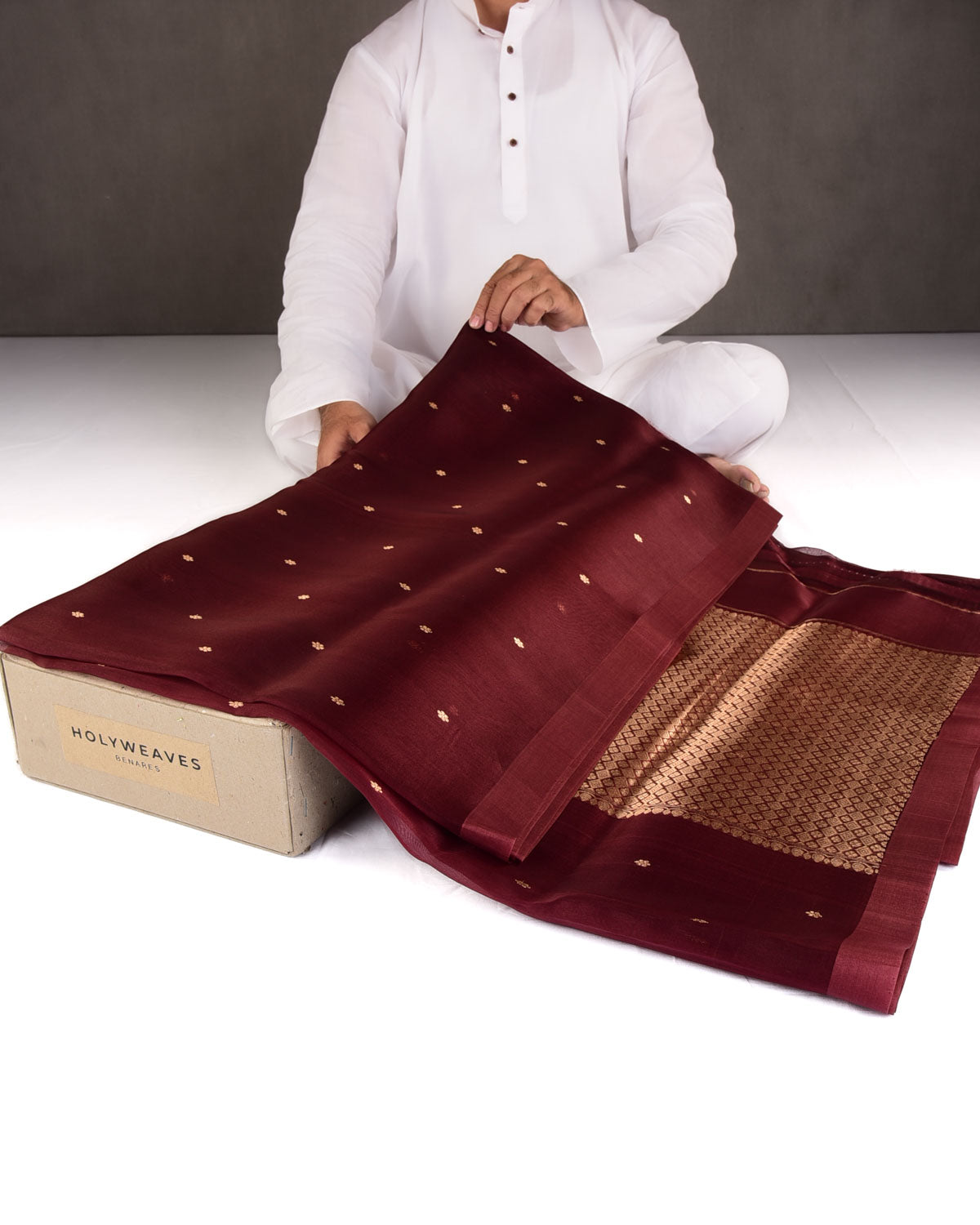 Mahogany Gold Zari Buti Kadhuan Brocade Handwoven Kora Silk Banarasi Saree