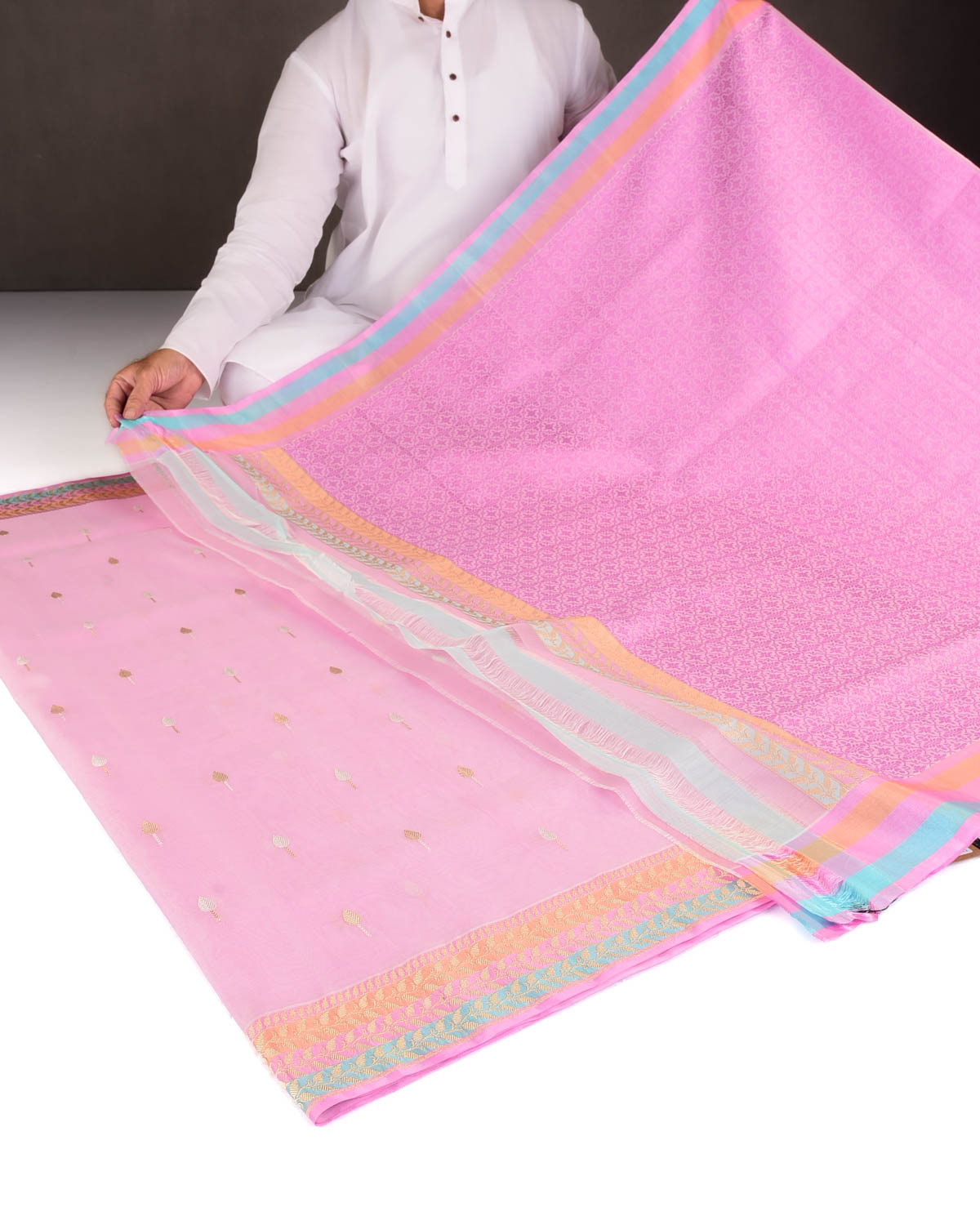Pink Gold & Silver Zari Buti Kadhuan Brocade Handwoven Kora Silk Banarasi Saree