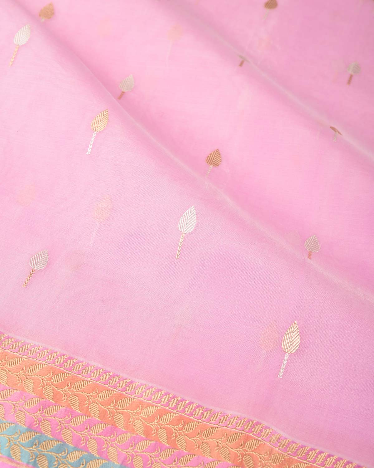 Pink Gold & Silver Zari Buti Kadhuan Brocade Handwoven Kora Silk Banarasi Saree
