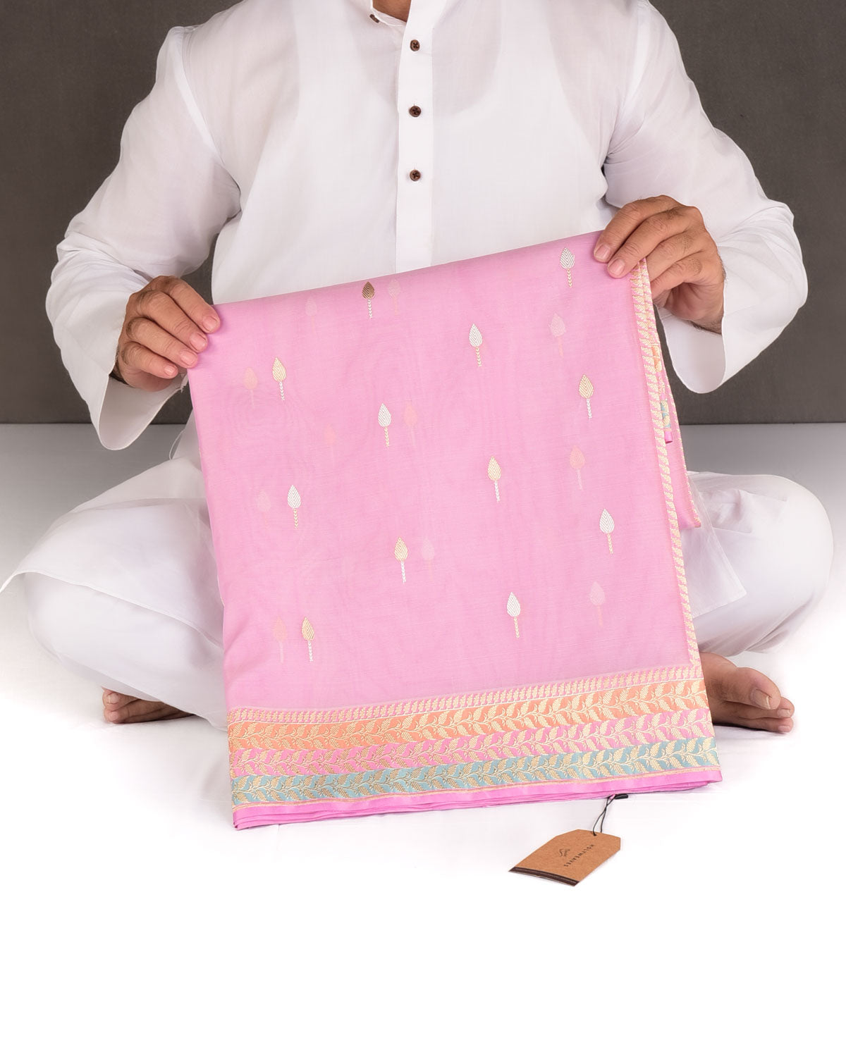 Pink Gold & Silver Zari Buti Kadhuan Brocade Handwoven Kora Silk Banarasi Saree