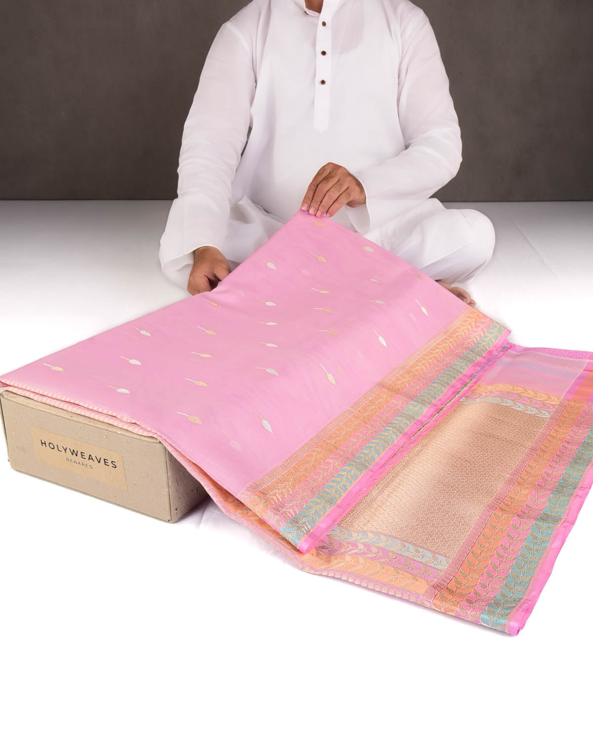 Pink Gold & Silver Zari Buti Kadhuan Brocade Handwoven Kora Silk Banarasi Saree