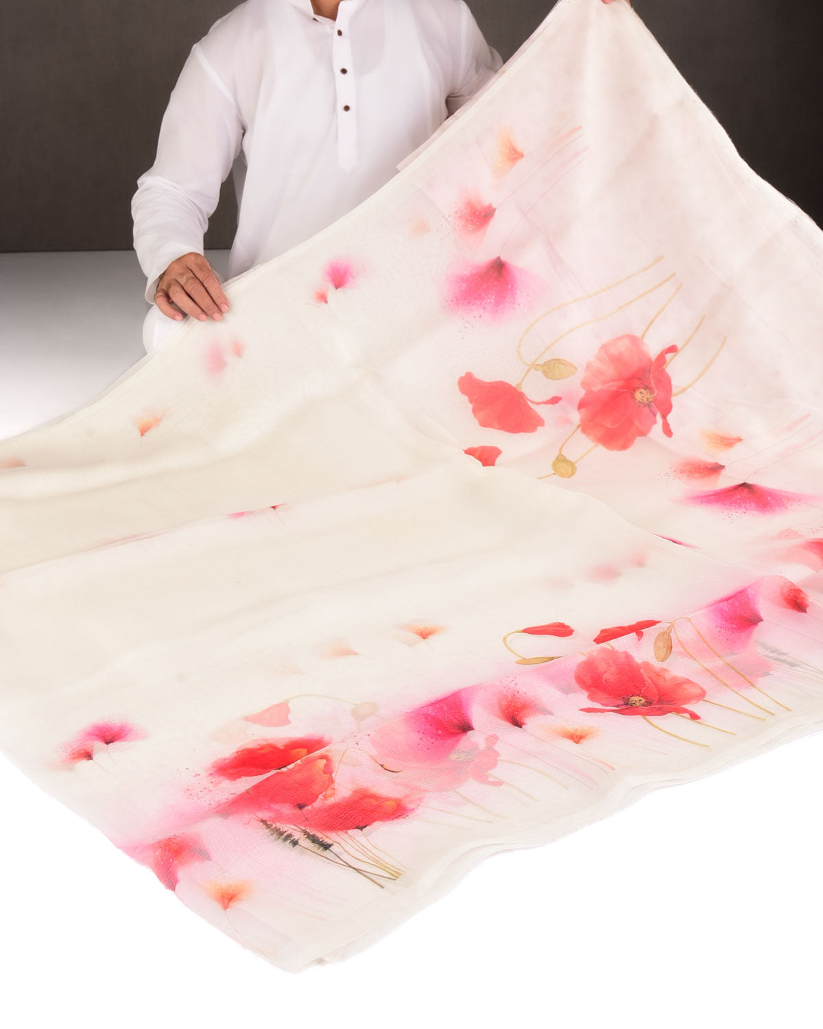 White Gulmohar Printed Kora Silk Saree
