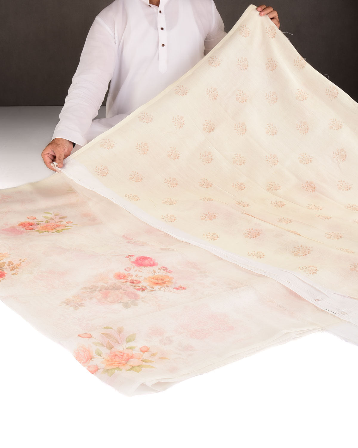 White Rose Printed Kora Silk Saree