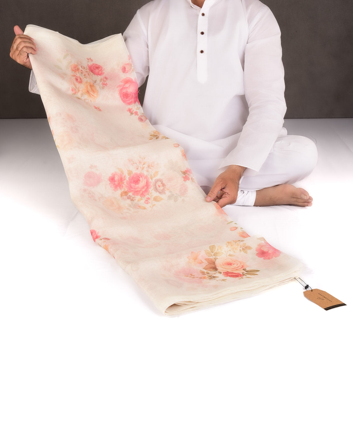 White Rose Printed Kora Silk Saree