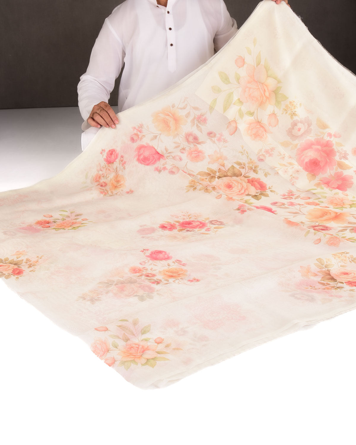 White Rose Printed Kora Silk Saree