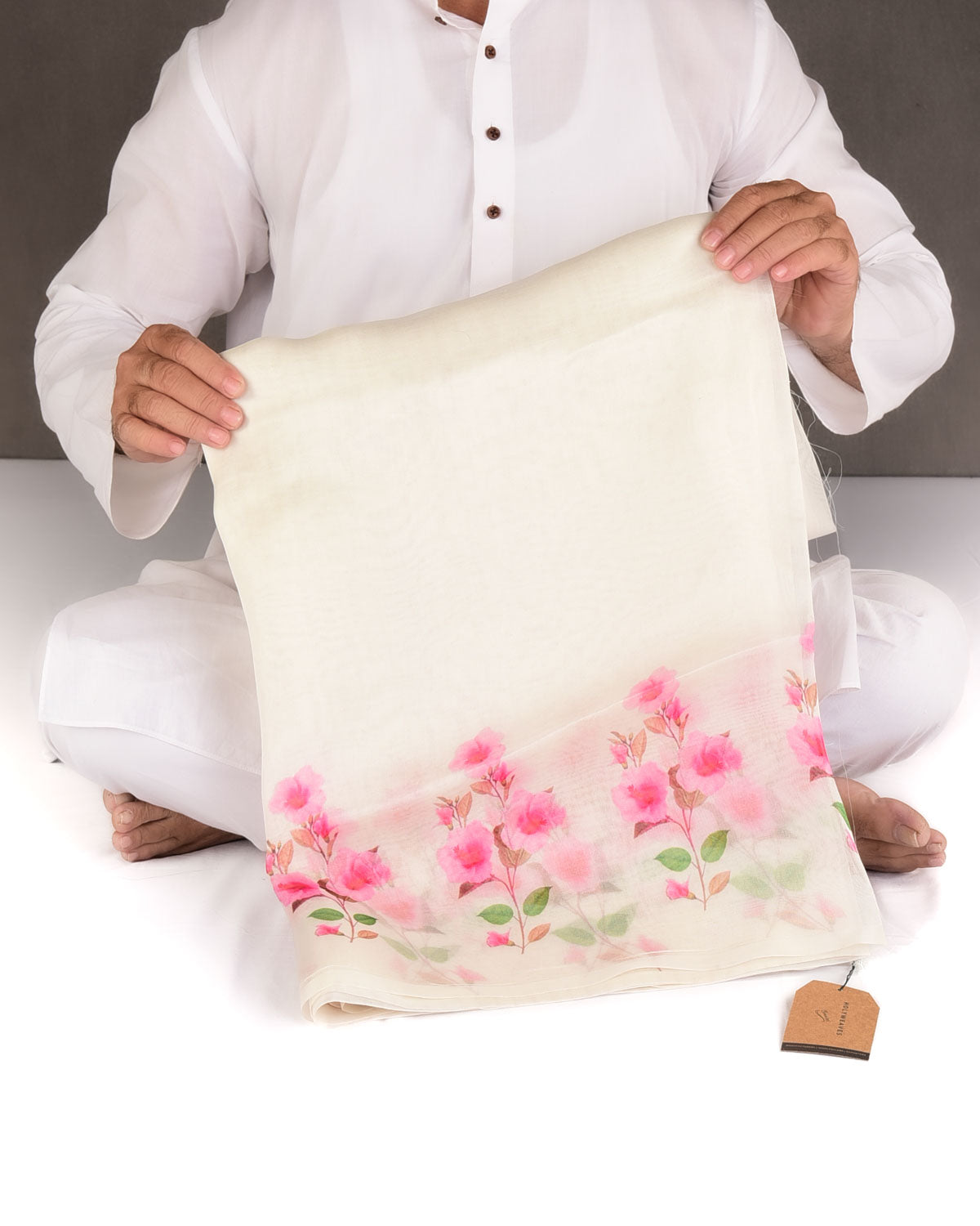 White Azalea Printed Kora Silk Saree