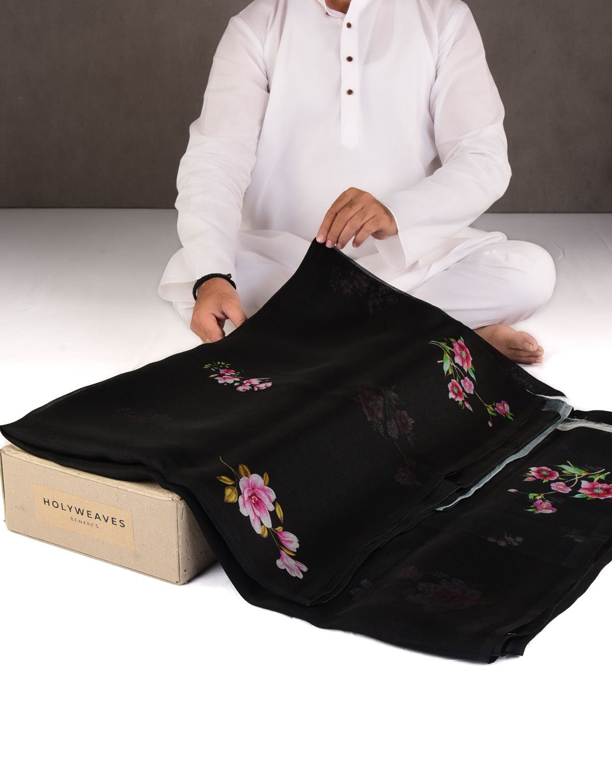 Black Lenten Rose Printed Kora Silk Saree