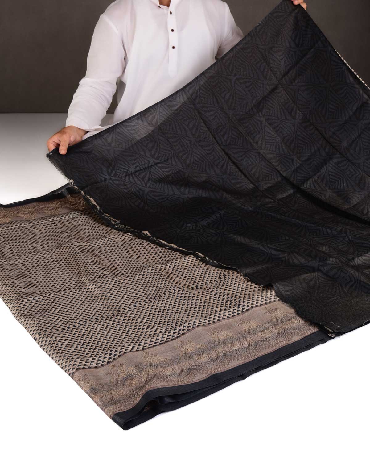 Gray Trinagle Geometric Printed Tasar Silk Saree with Embroidered Border