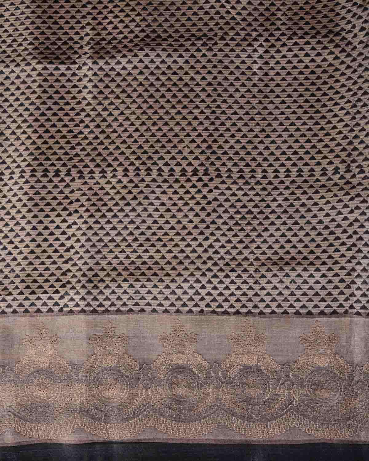 Gray Trinagle Geometric Printed Tasar Silk Saree with Embroidered Border