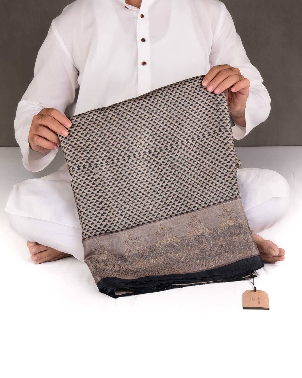 Gray Trinagle Geometric Printed Tasar Silk Saree with Embroidered Border