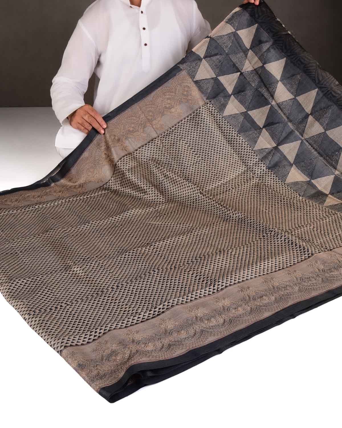 Gray Trinagle Geometric Printed Tasar Silk Saree with Embroidered Border
