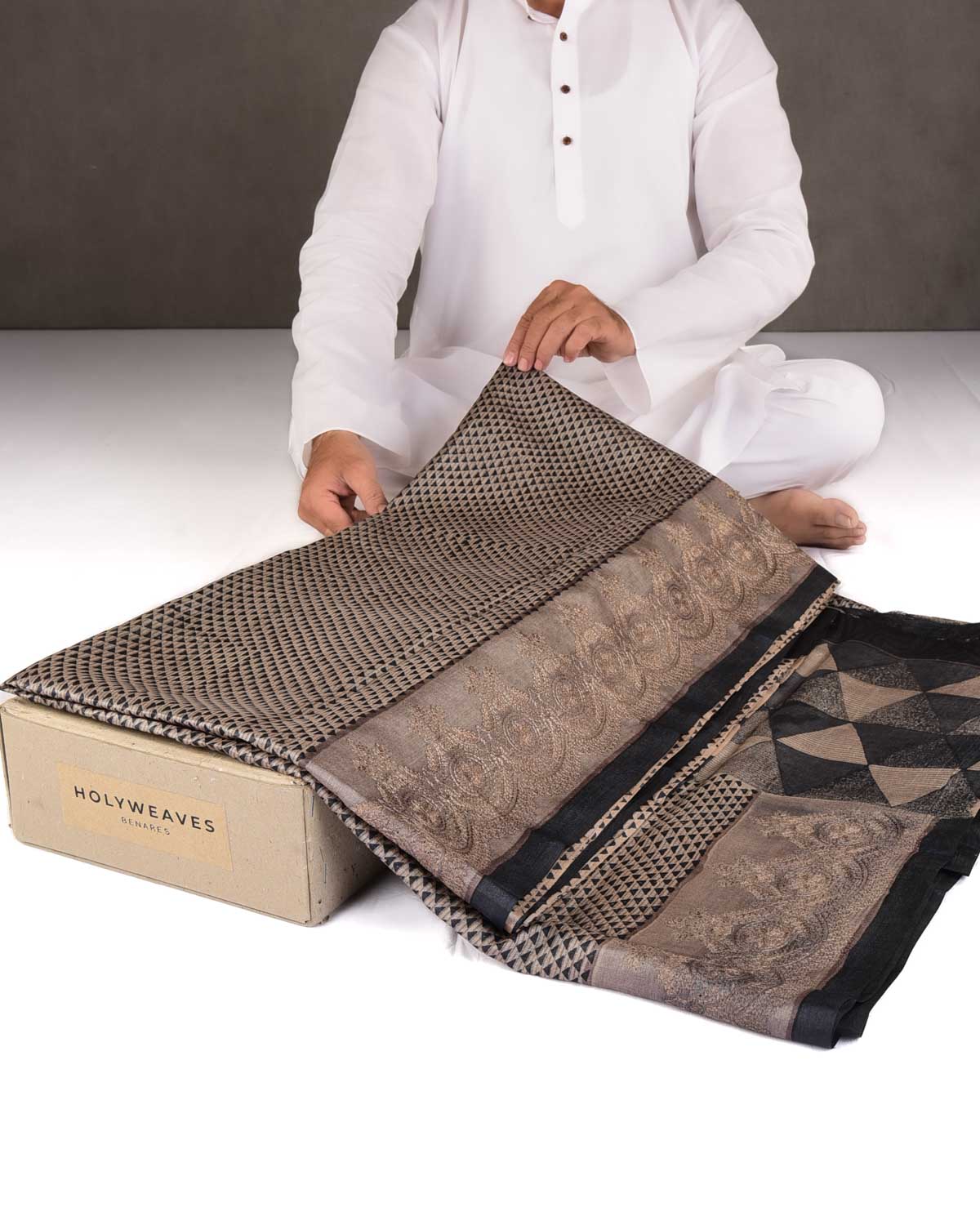 Gray Trinagle Geometric Printed Tasar Silk Saree with Embroidered Border
