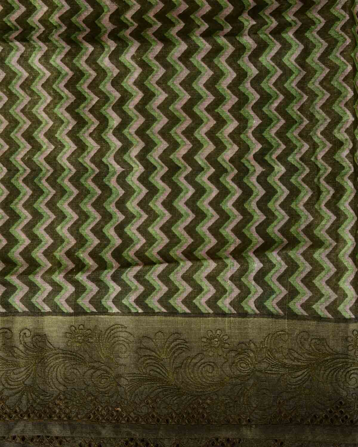 Variegated Olive Green Chevron Geometric Printed Tasar Silk Saree with Embroidered Border