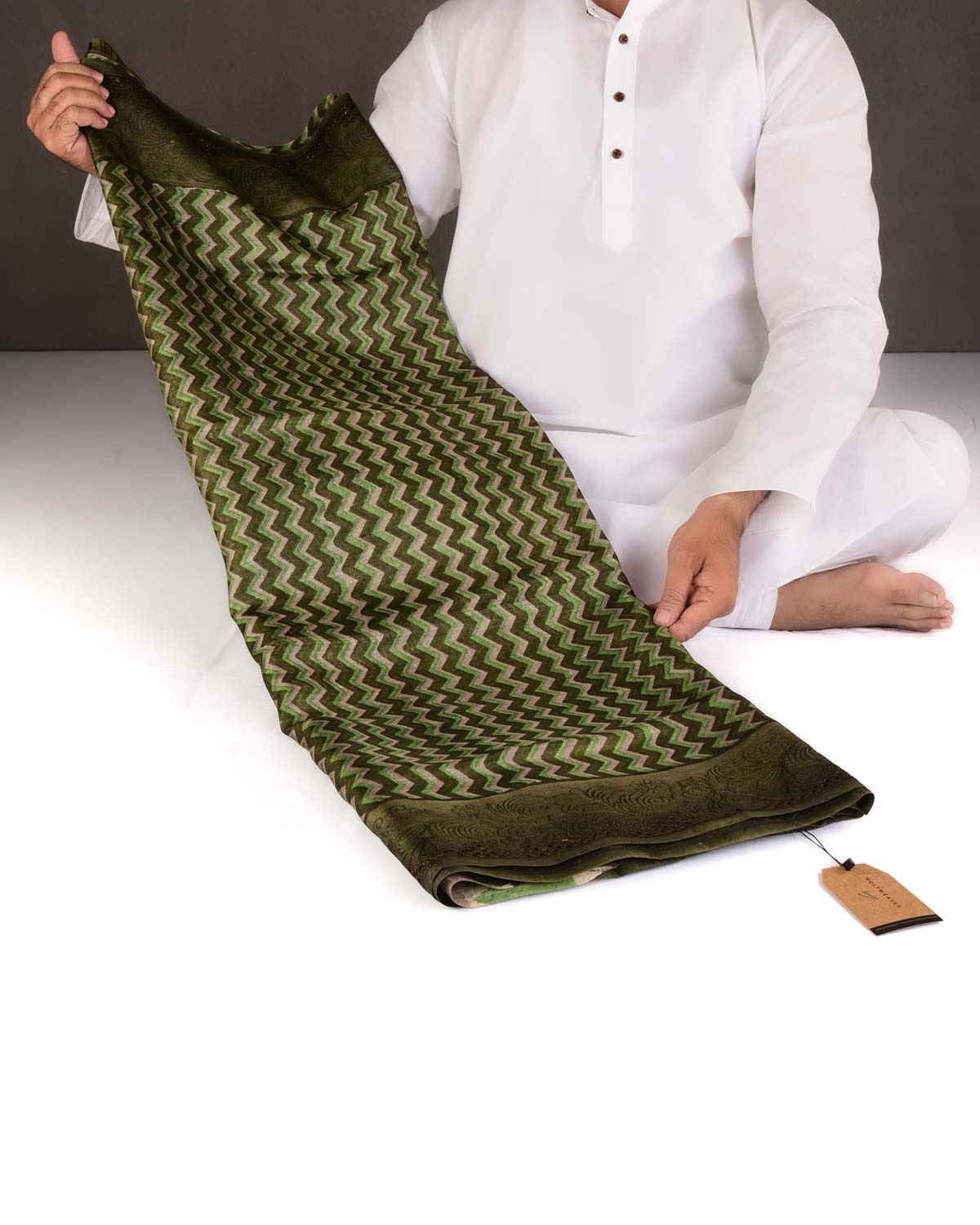 Variegated Olive Green Chevron Geometric Printed Tasar Silk Saree with Embroidered Border
