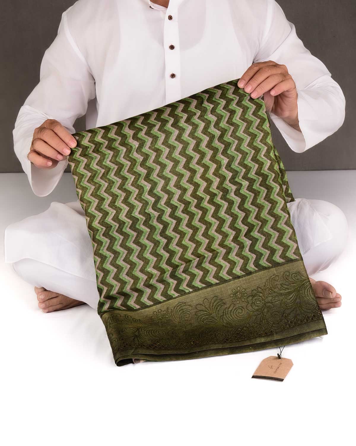 Variegated Olive Green Chevron Geometric Printed Tasar Silk Saree with Embroidered Border