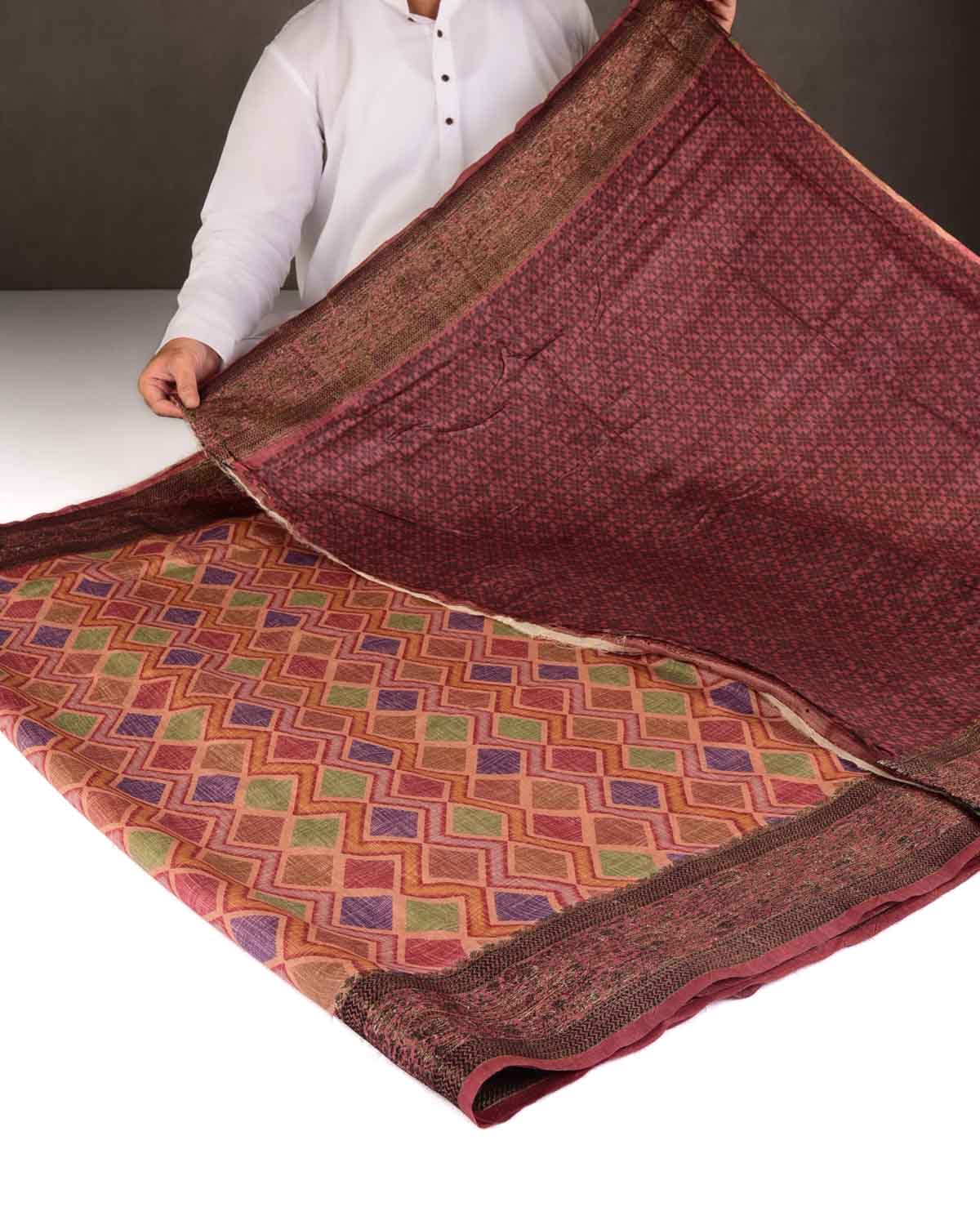Multi-color Rhombus Grids Printed Muga Silk Saree with Embroidered Border