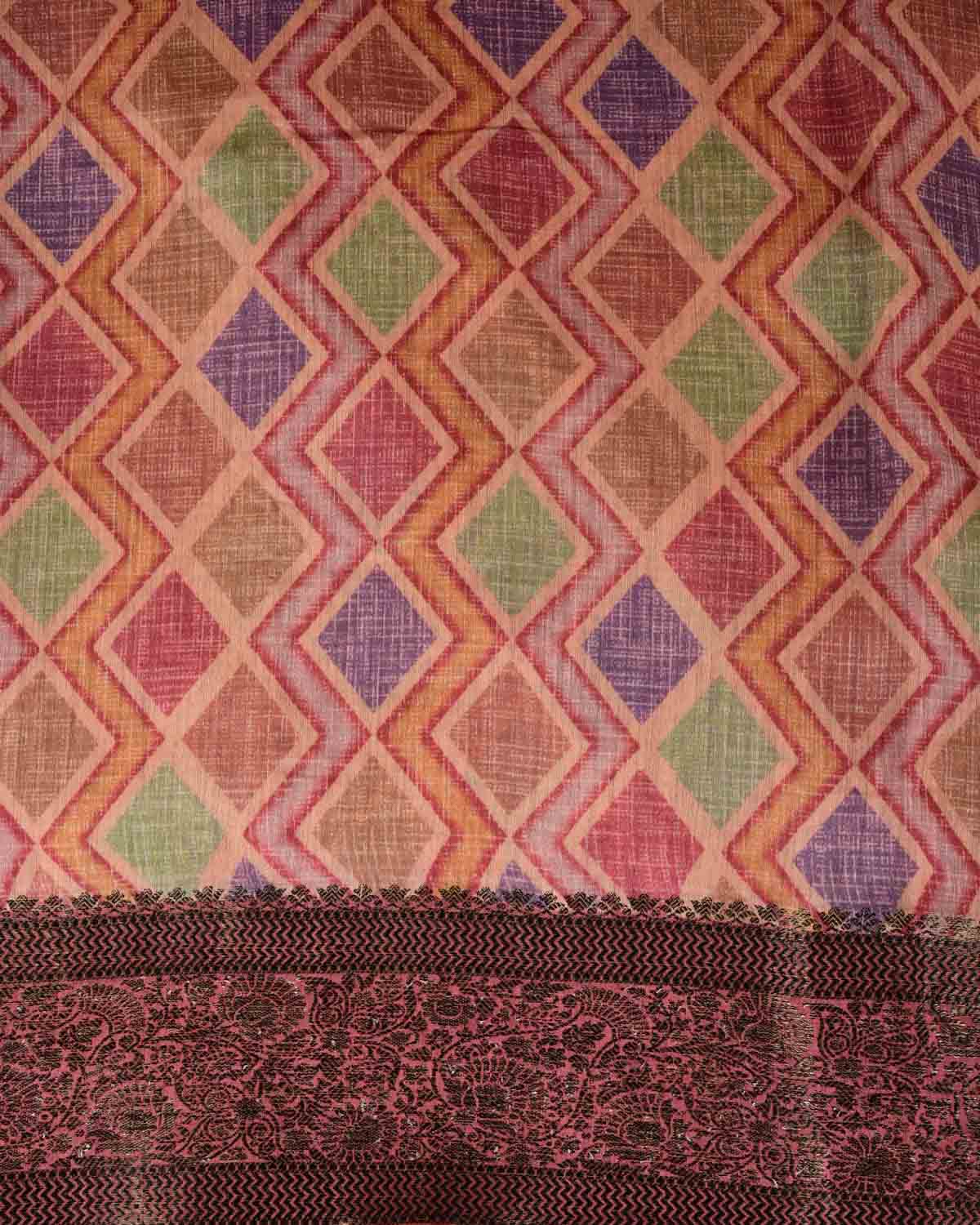 Multi-color Rhombus Grids Printed Muga Silk Saree with Embroidered Border