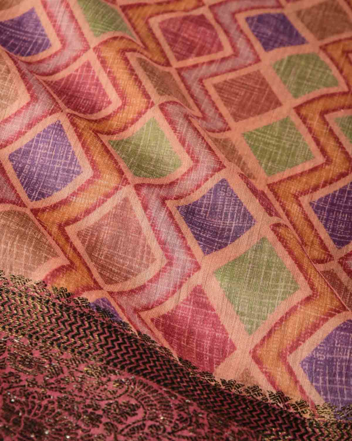 Multi-color Rhombus Grids Printed Muga Silk Saree with Embroidered Border