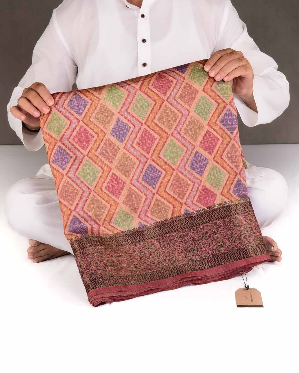 Multi-color Rhombus Grids Printed Muga Silk Saree with Embroidered Border