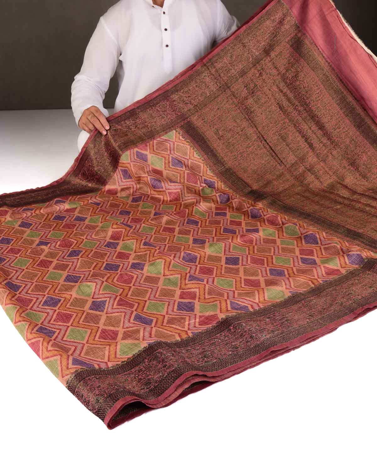 Multi-color Rhombus Grids Printed Muga Silk Saree with Embroidered Border