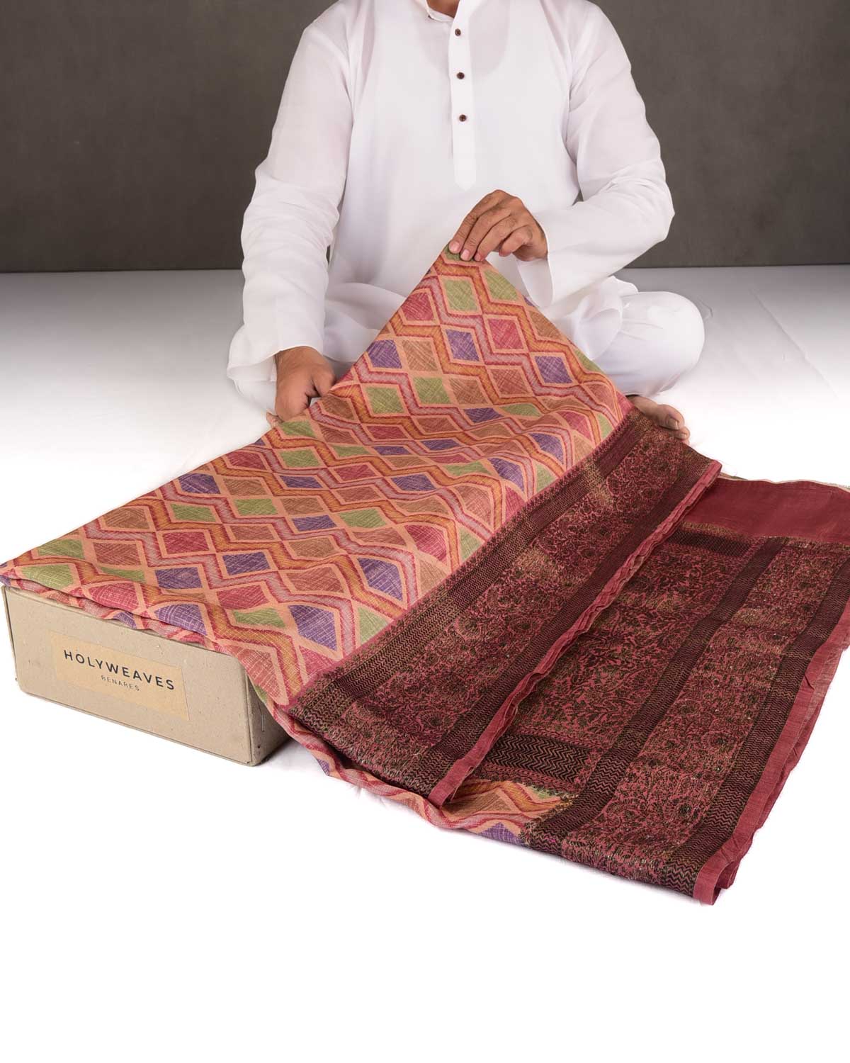 Multi-color Rhombus Grids Printed Muga Silk Saree with Embroidered Border