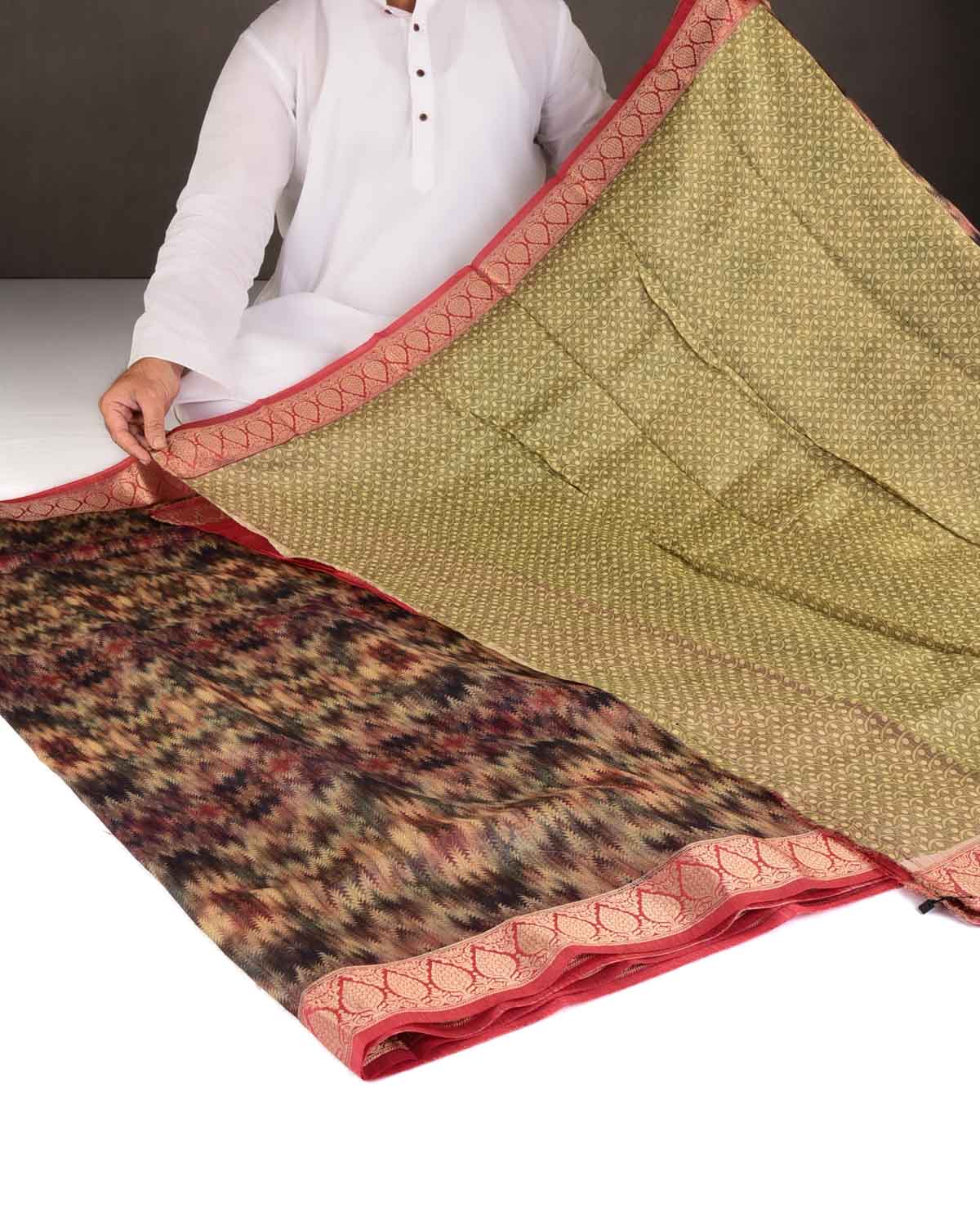 Multi-color Pine Leaves Printed Muga Silk Saree with Brocade Border