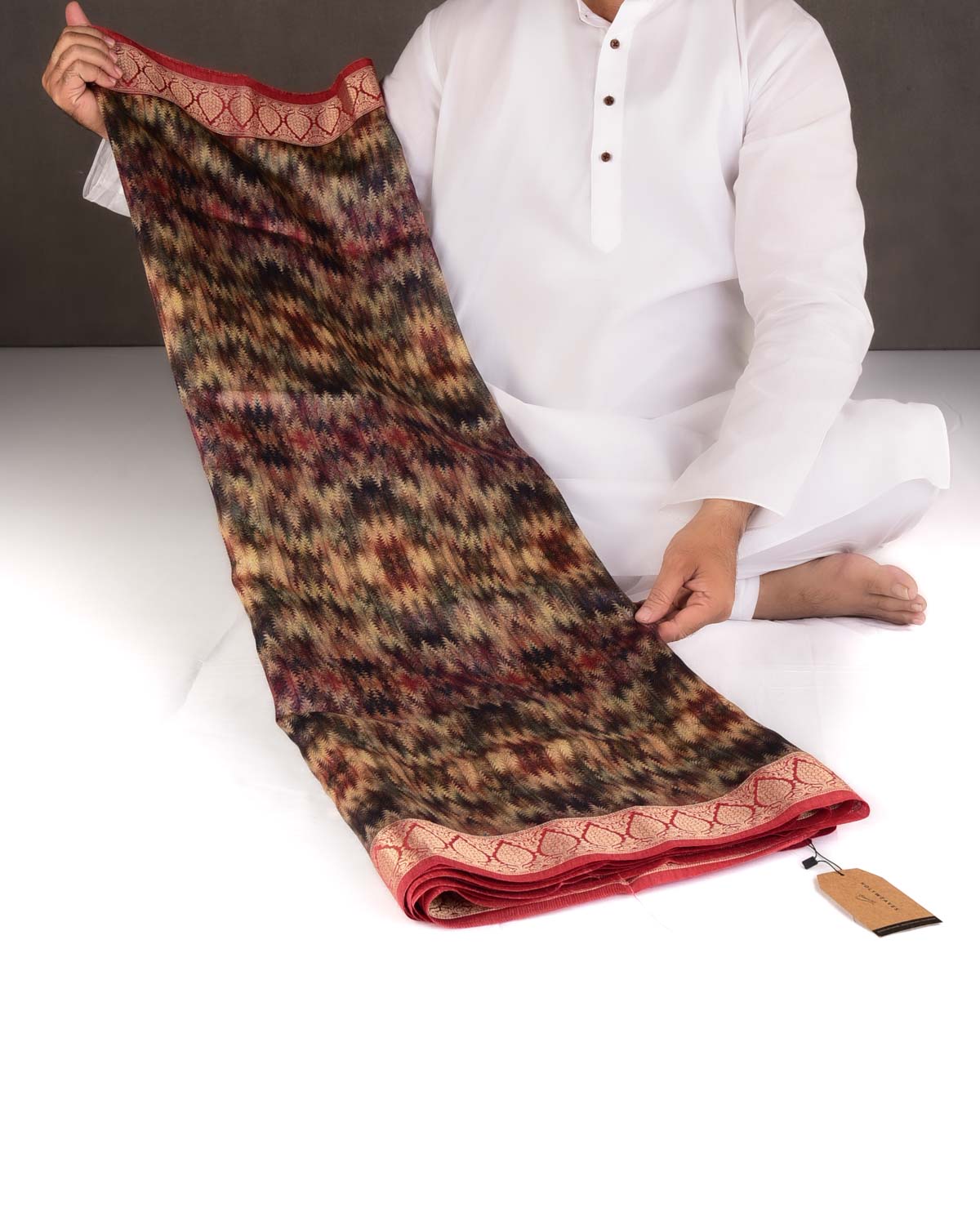 Multi-color Pine Leaves Printed Muga Silk Saree with Brocade Border