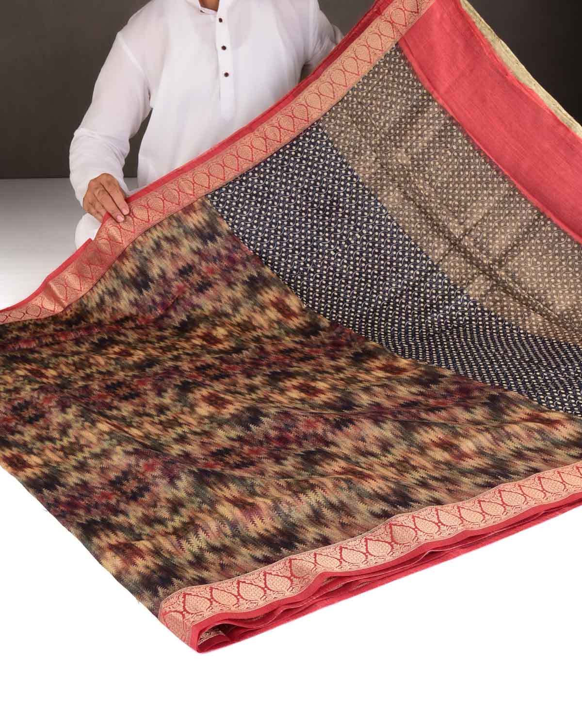 Multi-color Pine Leaves Printed Muga Silk Saree with Brocade Border