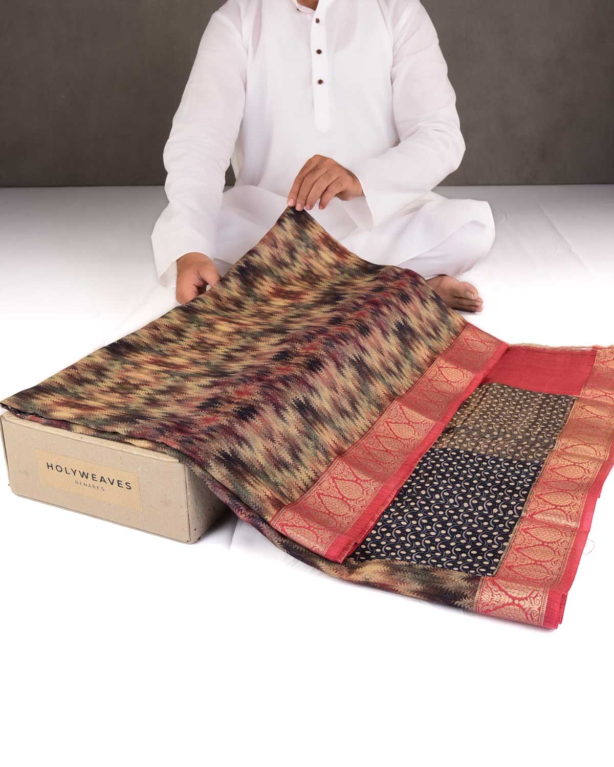 Multi-color Pine Leaves Printed Muga Silk Saree with Brocade Border