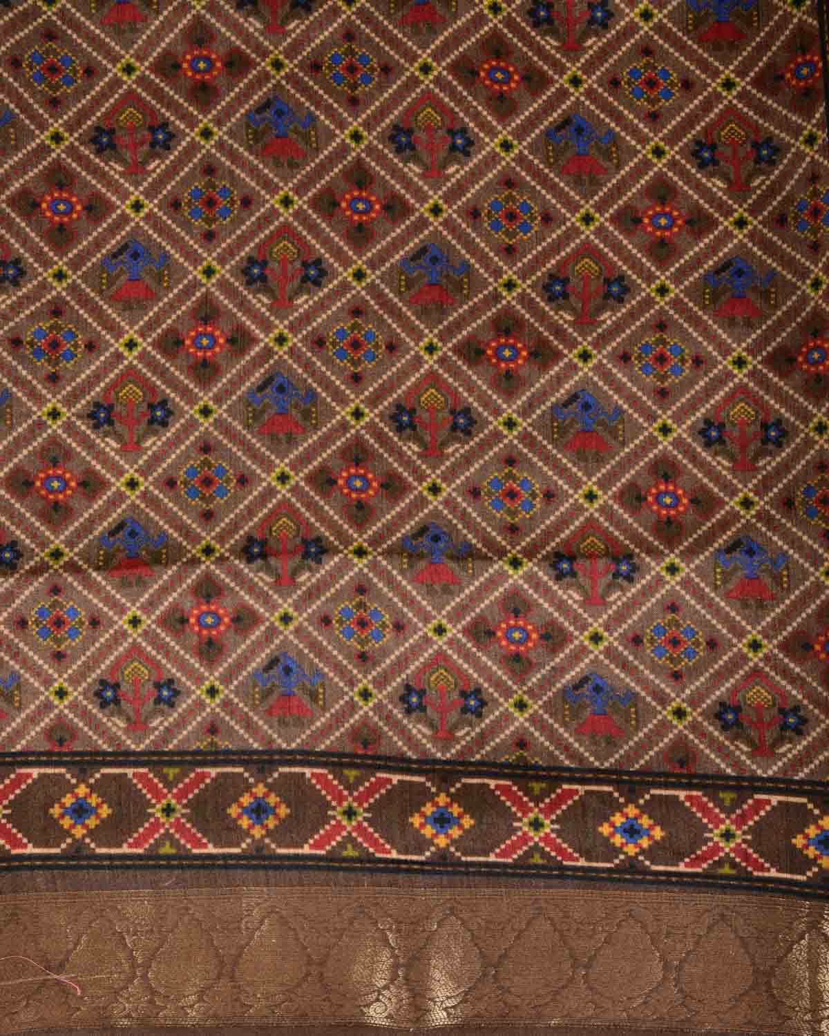 Brown Patola Grids Printed Muga Silk Saree with Brocade Border