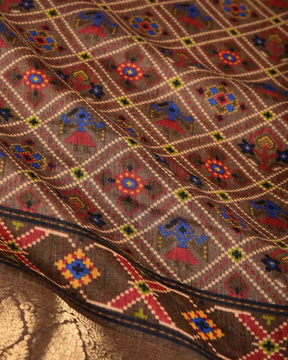 Brown Patola Grids Printed Muga Silk Saree with Brocade Border