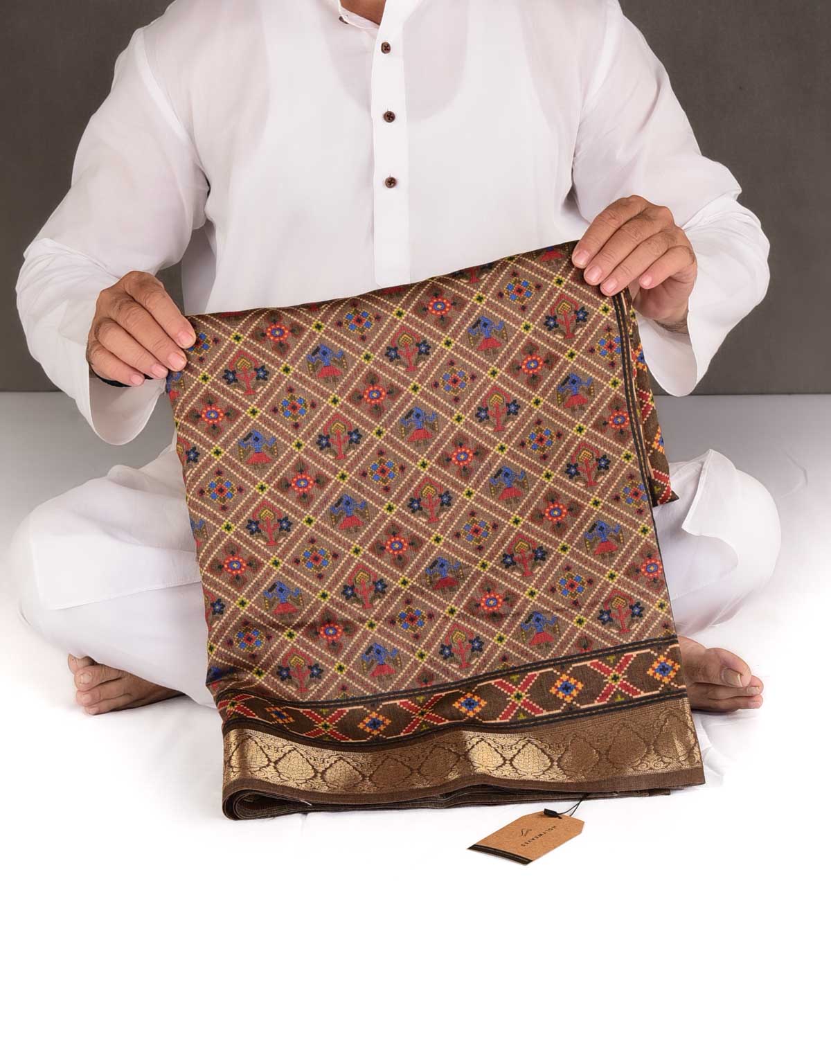 Brown Patola Grids Printed Muga Silk Saree with Brocade Border