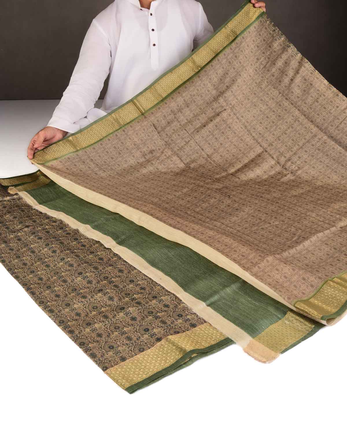 Muted Green Traditional Floral Printed Muga Silk Saree with Brocade Border