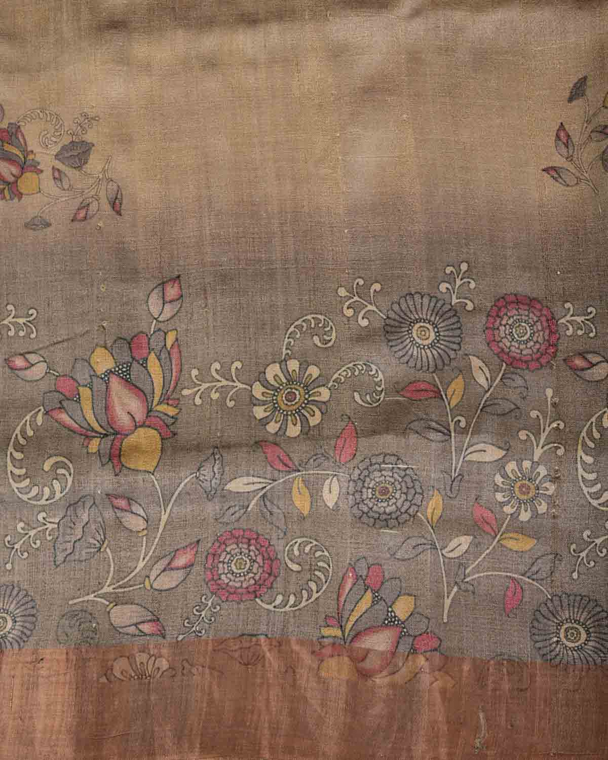 Gray Brown Floral Printed Tasar Silk Saree with Tissue Border