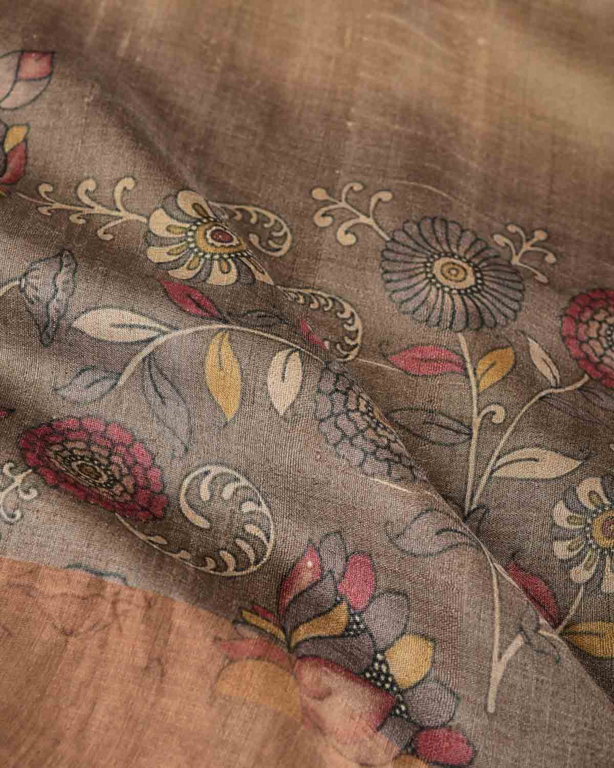 Gray Brown Floral Printed Tasar Silk Saree with Tissue Border