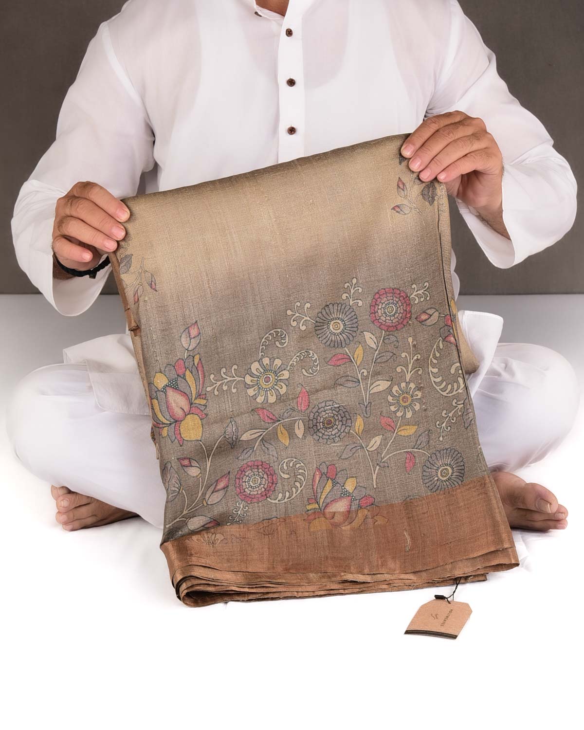 Gray Brown Floral Printed Tasar Silk Saree with Tissue Border